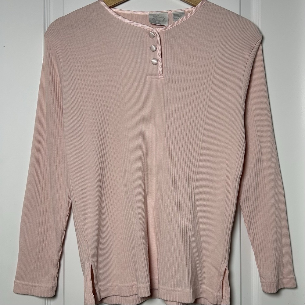 Laura Gayle‎ Petite Vintage Blush Pink Satin Trim Ribbed Henley Sleep Pajama Top